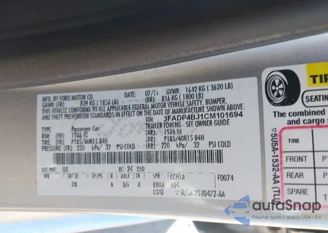 2012 Ford Fiesta Se z USA, uszkodzony, nr VIN 3FADP4BJ1CM101694